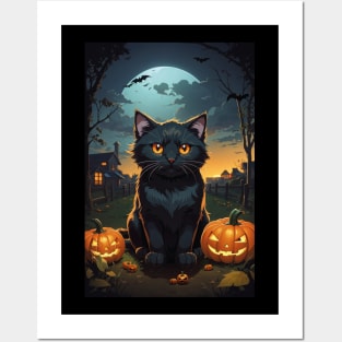 black cat and pumpkin Posters and Art